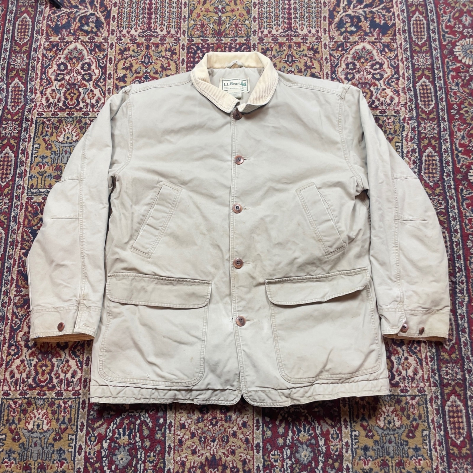 Vtg 90s Ll Bean Field Barn Coat Jacket Xl Tan Quilted Lined Duck Canvas Corduroy